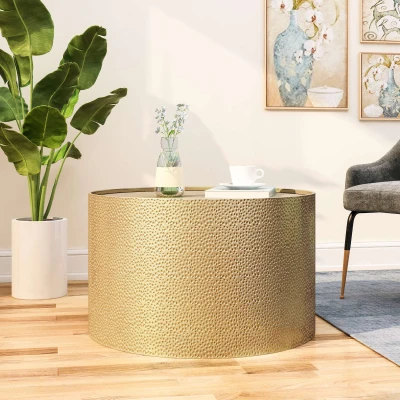 Handcrafted Round Coffee Table with Modern Hammered Metal Surface, Gold