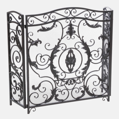 Retro style Fireplace Screen with Ornate Floral Iron Design and Three-Panel, Black+Silver