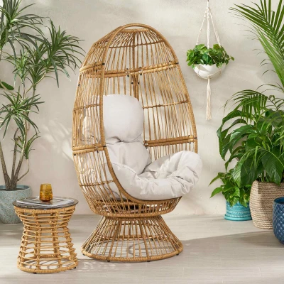 Wicker Outdoor Patio Swivel Egg Chair with Basket Shape Design and Water-Resistant Cushions, Natural