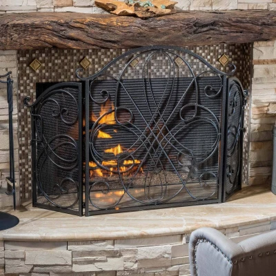 Retro style Fireplace Screen with Ornate Wrought Iron Design, Black+Silver