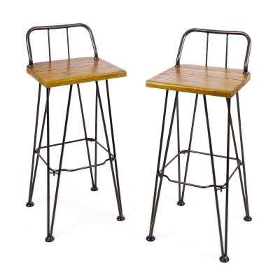 Industrial Wood and Metal Barstool Set of 2 with Powder-Coated Iron Frame, Brown