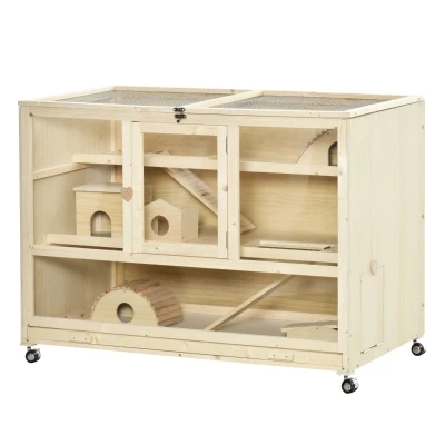 PawHut Wooden Hamster Cage, 3 Tier Rat Cage with Openable Roof, Run, Ladders, Run, Ladders, Wheels, Tray, Natural Wood