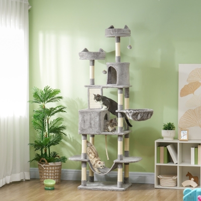 PawHut 81" Large Cat Tree w/ Scratching Posts, Condos, Beds, Hammocks, Jumping Platforms, Toy Balls, Rope Cat Toy, Light Grey