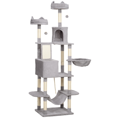 PawHut 81" Large Cat Tree w/ Scratching Posts, Condos, Beds, Hammocks, Jumping Platforms, Toy Balls, Rope Cat Toy, Light Grey