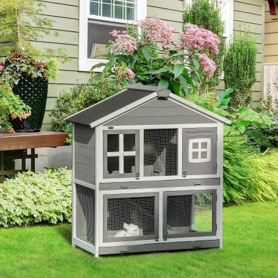 PawHut 49" Wooden Rabbit Hutch 2 Tier Bunny House Pet Playpen Enclosure for Indoor Outdoor with Slide-out Tray, Ramp, for Rabbits and Small Animals, Grey