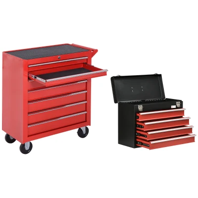 DURHAND Lockable Tool Chest and Tool Box Set of 2, 7 Drawer Tool Cabinet with Wheels, 4 Drawer Portable Tool Chest with Handle for Garage, Factory, Workshop, Red