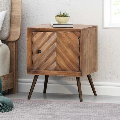 Mid-Century Modern Mango Wood Cabinet with Chevron Design, Dark Brown