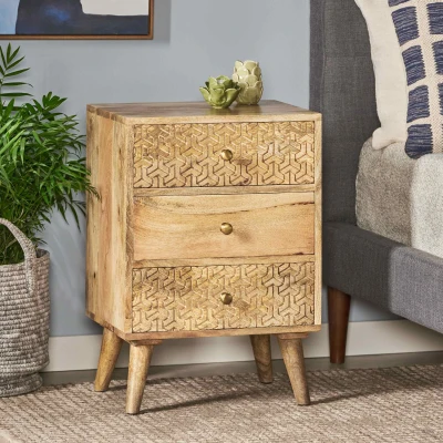 Handcrafted 3-Drawer Bedside Table with Carved Geometric Texture, Natural