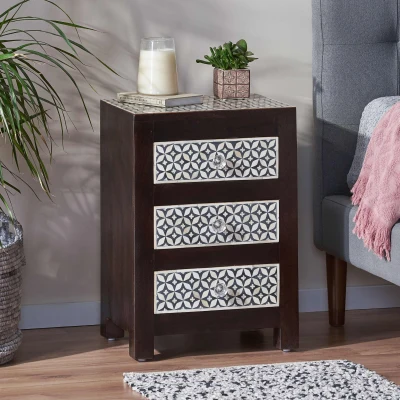 Handcrafted Boho Design with Mango Wood Frame and Buffalo Bone Inlay, Black + Dark Walnut