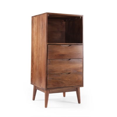 Modern 3-Drawer Handcrafted Mango Wood Chest with Splayed Legs and Display Cubby, Light Oak
