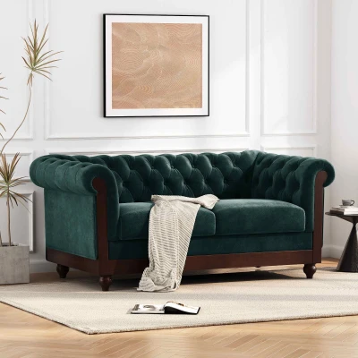 Chesterfield Velvet Loveseat Sofa, Dark Green