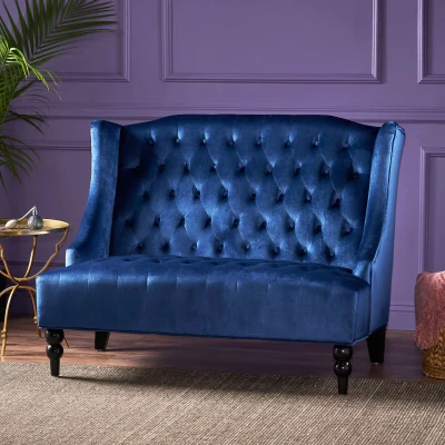 Modern Glam Loveseat Sofa with Velvet Upholstery, Navy Blue