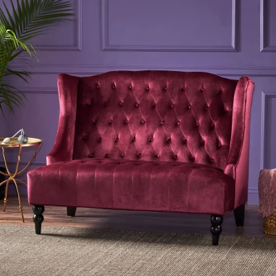 Modern Glam Loveseat Sofa with Velvet Upholstery, Wine Red