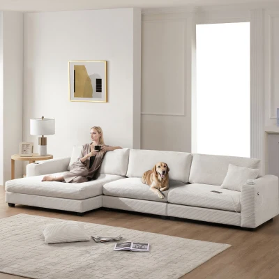 Oversized Corduroy Sectional Sofa with USB Charging Port and Cup Holder, Beige