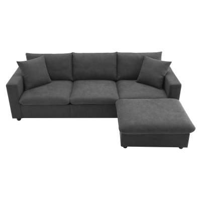 Modern L-Shaped 4-Seat Polyester Fabric Sectional Sofa Set with Convertible Ottoman and 2 Free Pillows, Dawn Grey