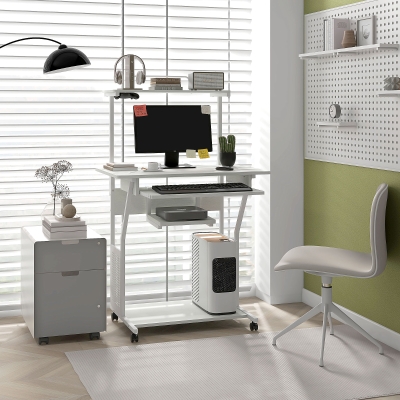 HOMCOM 32" Mobile Computer Table, Rolling Study Desk for Home Office with Keyboard Tray, Storage Shelves, Wheels, White