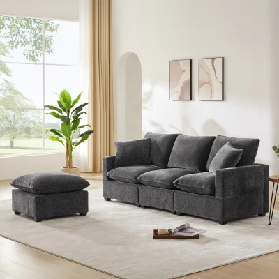 84" x 57" Modern 4-Seat Chenille Modular Sofa Set with 2 Pillows, Black+Grey