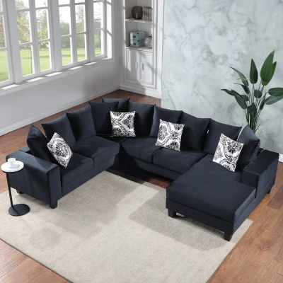 110" x 85" Modern U-Shape Velvet Corner Sectional Sofa with Lots of Pillows, Black