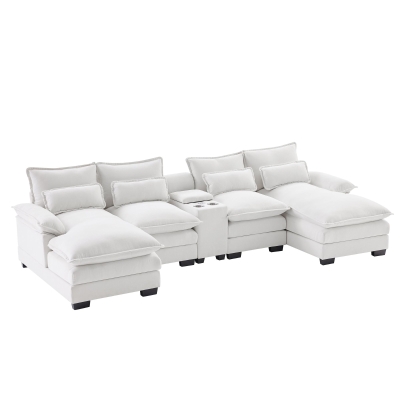 123" Modern U-Shaped 6-Seat Upholstered Sleeper Sofa Set with Console, White