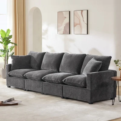 110" Modern 4-Seat Chenille Modular Sofa Set with 2 Pillows, Black+Grey