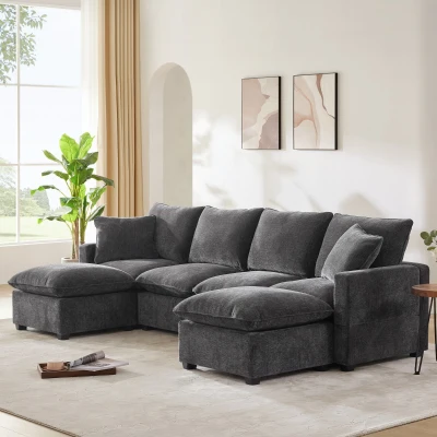 110" Modern U Shape Modular Sofa with 2 Pillows, Black+Grey