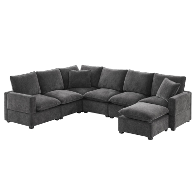 110" x 84" Modern U-Shape 7-Seat Chenille Modular Sofa Set with 2 Pillows, Black+Grey