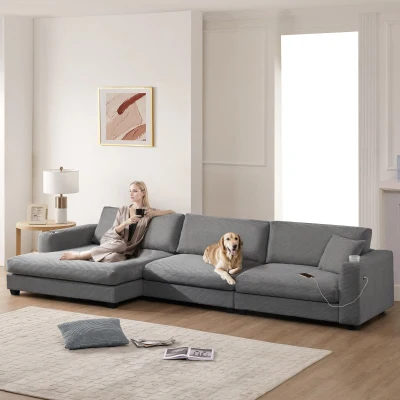 Oversized Corduroy Sectional Sofa with USB Charging Port and Cup Holder, Gray