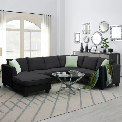 112" x 87" 7-Seater Modular Sofa with Ottoman and 3 Pillows, Black
