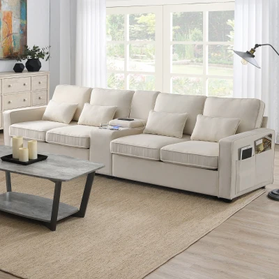 114.5" Modern Linen Fabric Upholstered Sofa with Console, Beige