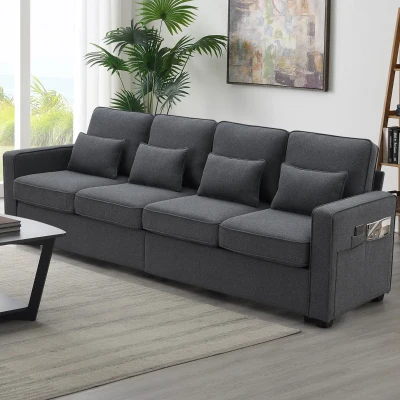104" 4-Seater Modern Linen Fabric Sofa with Armrest Pockets and 4 Pillows, Dark Grey