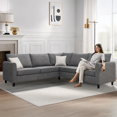 91" x 91" Modern Upholstered Living Room Sectional Sofa, Grey