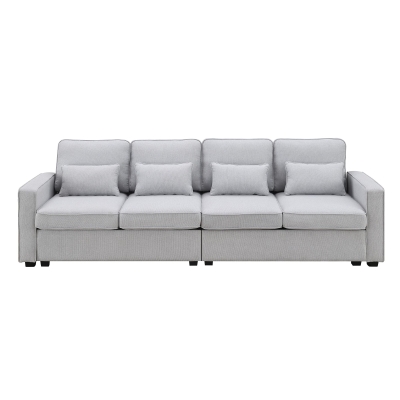 104" 4-Seater Modern Linen Fabric Sofa with Armrest Pockets and 4 Pillows, Light Grey