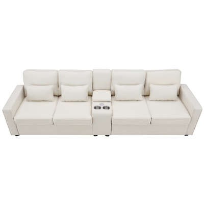 114.5" Modern Linen Fabric Upholstered Sofa with Console, Beige
