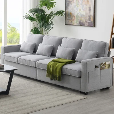 104" 4-Seater Modern Linen Fabric Sofa with Armrest Pockets and 4 Pillows, Light Grey