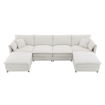 134" Chenille Modular Sectional 6 Seat Sleeper Sofa Bed with Ottomans, Cream