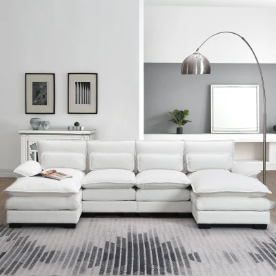 Modern U-Shaped 6-Seat Sectional Sofa with Chaise Lounge, White