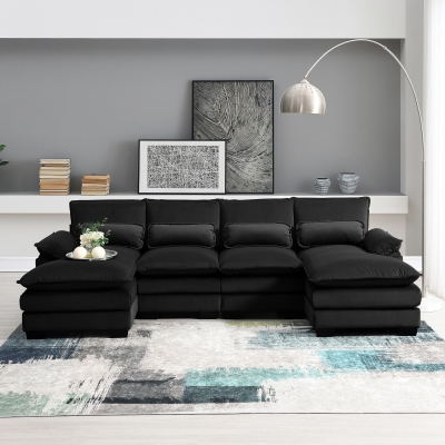 Modern U-Shaped 6-Seat Sectional Sofa with Chaise Lounge, Black