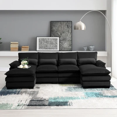 Modern U-Shaped 6-Seat Sectional Sofa with Chaise Lounge, Black