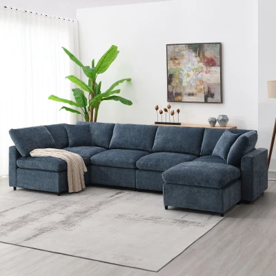 130" x 65" Modern Modular Cloud Sofa Bed with Ottoman, Dark Blue