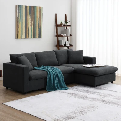 Modern L-Shaped 4-Seat Polyester Fabric Sectional Sofa Set with Convertible Ottoman and 2 Free Pillows, Black