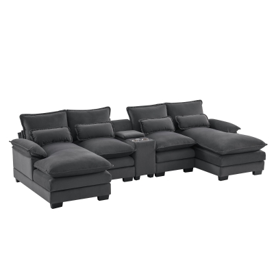 123" Modern U-Shaped 6-Seat Upholstered Sleeper Sofa Set with Console, Gray