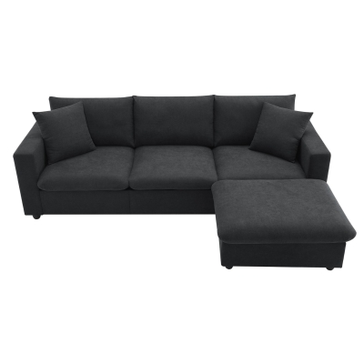 Modern L-Shaped 4-Seat Polyester Fabric Sectional Sofa Set with Convertible Ottoman and 2 Free Pillows, Black