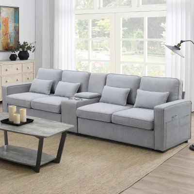 114.5" Modern Linen Fabric Upholstered Sofa with Console, Light Gray