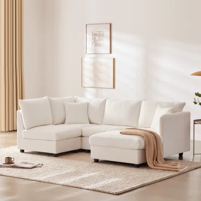 89" x 79" Modern Sectional Sofa with Vertical Stripes and 2 Pillows, White