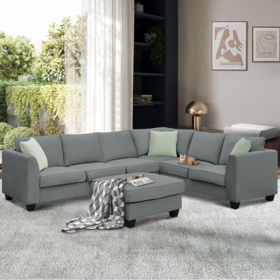 112" x 87" 7-Seater Modular Sofa with Ottoman and 3 Pillows, Grey