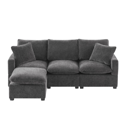 84" x 57" Modern 4-Seat Chenille Modular Sofa Set with 2 Pillows, Black+Grey