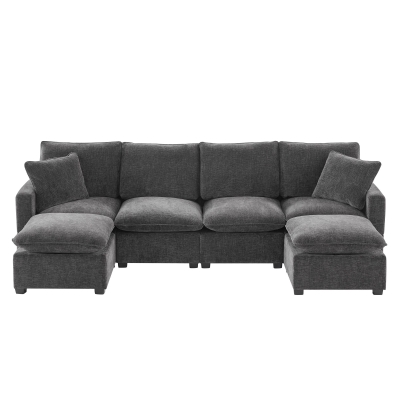 110" Modern U Shape Modular Sofa with 2 Pillows, Black+Grey