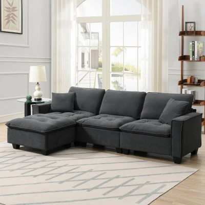 100" Modern L-Shaped Convertible Sectional Sofa with Free Pillows, Dark Gray