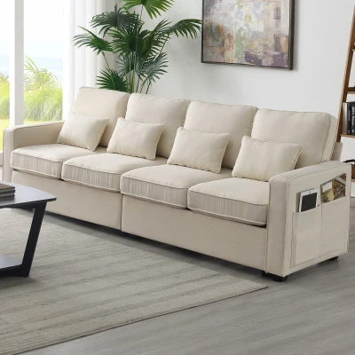 104" 4-Seater Modern Linen Fabric Sofa with Armrest Pockets and 4 Pillows, Beige