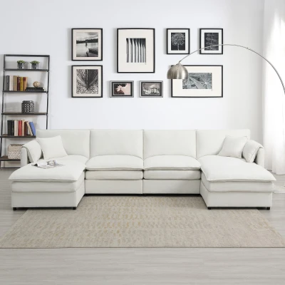 134" Chenille Modular Sectional 6 Seat Sleeper Sofa Bed with Ottomans, Cream